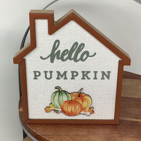 hello PUMPKIN‎ house-shaped Fall decor Autumn tabletop tiered tray display cute - Picture 4 of 8